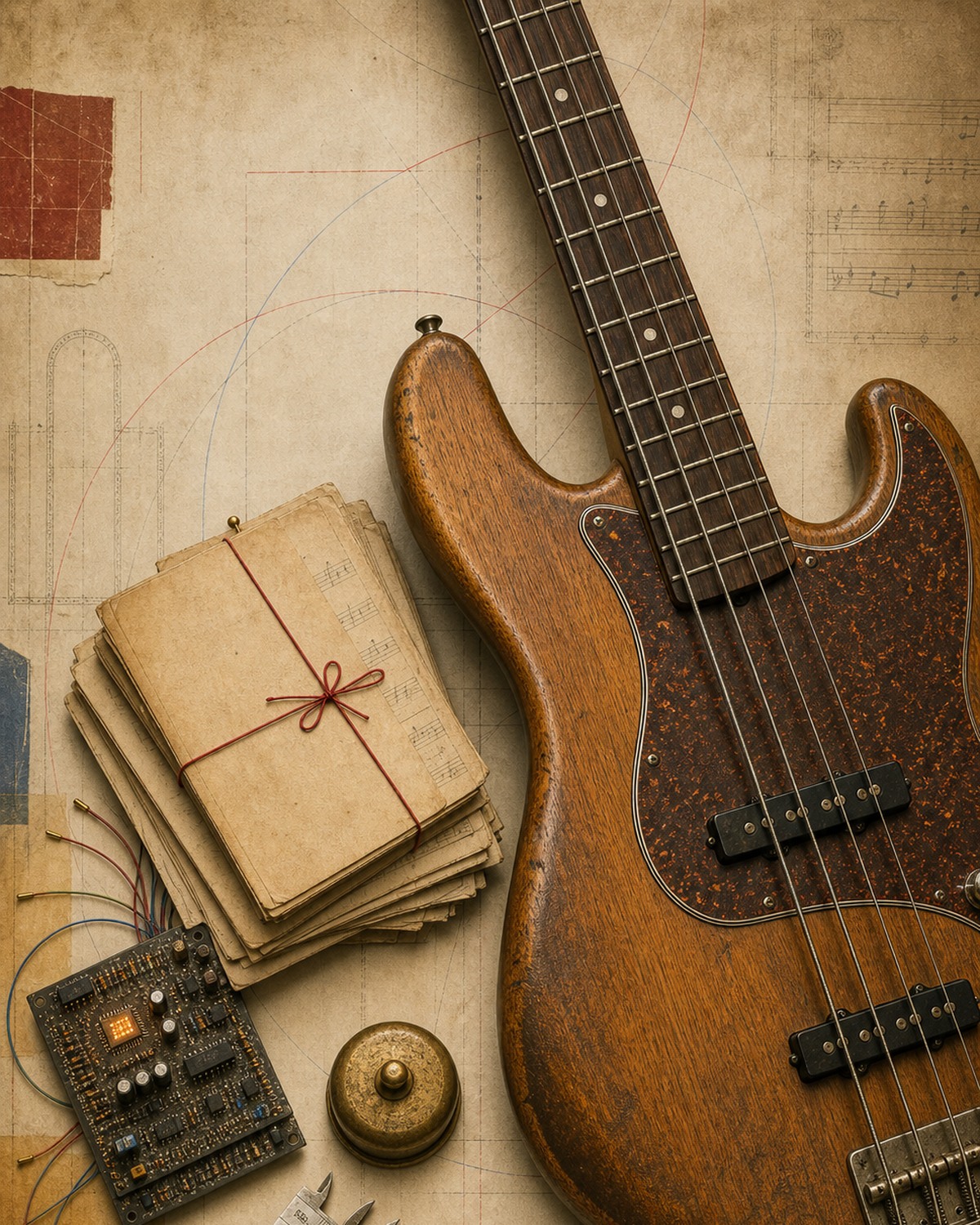 Composition visuelle associant basse, outils numériques et manuscrits